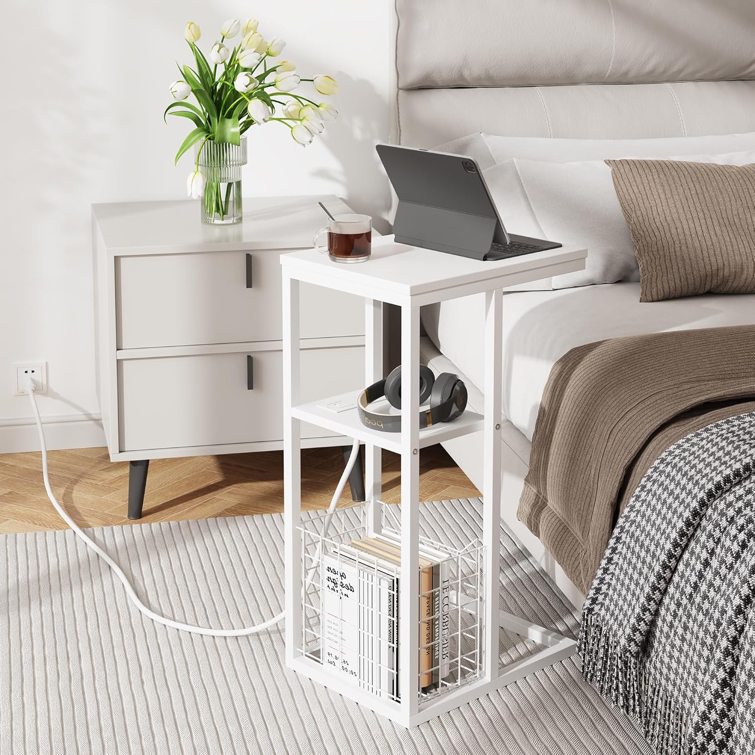Vagusicc C Shaped End Table with Charging Station, Side Table for Couch, Small Side End Table for Small Spaces, 28" High Slide Under Sofa Table for Coffee, Tv Tray Table for Living Room, White