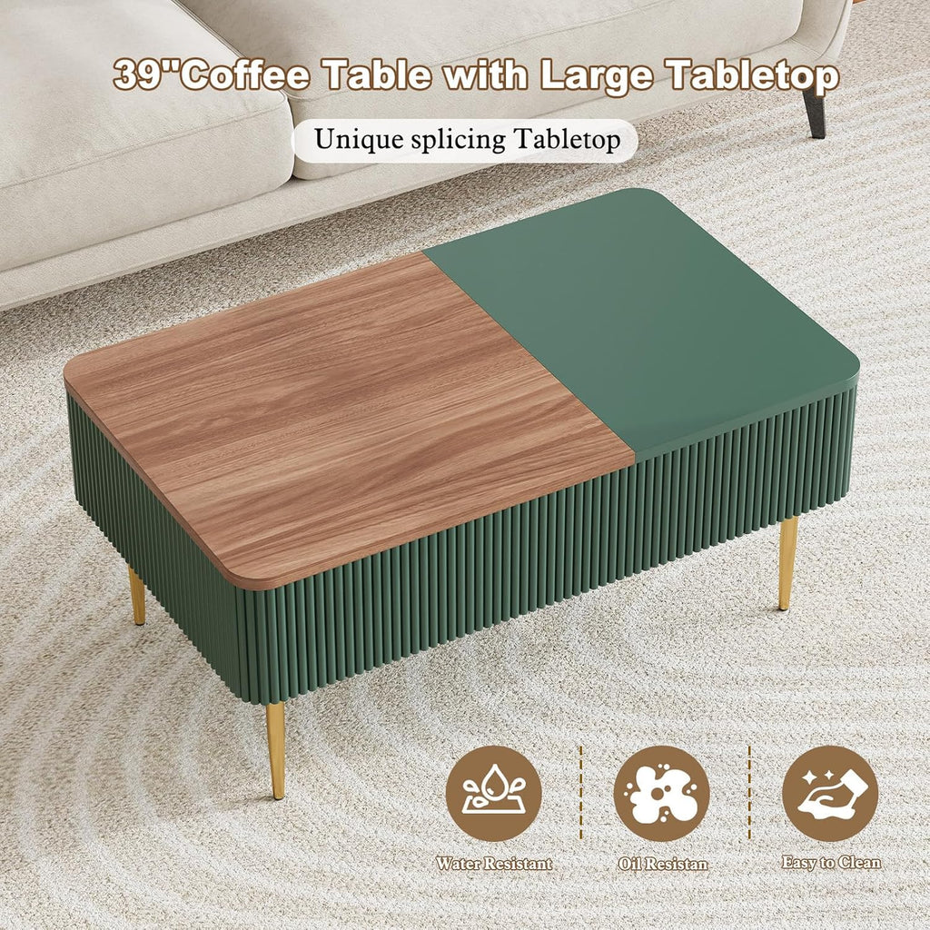 HLR 39" Lift Top Coffee Table with Hidden Storage Compartment, Modern Rising Wood Dining Center Table with Drawer for Small Space, Living Room, Office, Green