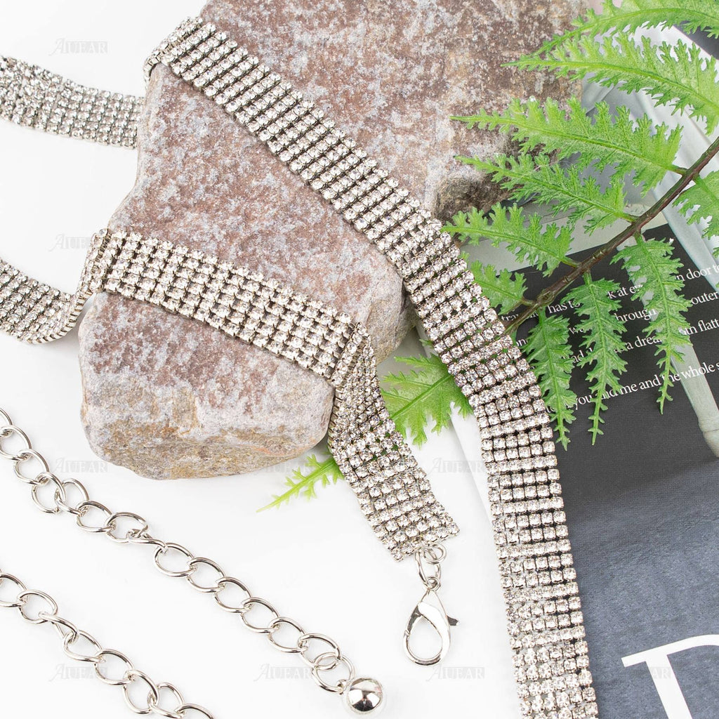 AUEAR, Women's Rhinestone Belt Shiny Crystal Diamond Waist Fashion Silver Buckle