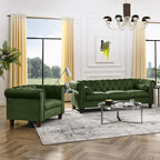 Tufted Velvet Sofa Couch for Living Room, Rolled Arm 3-Seater Sofa Couch with Nailhead Trim and 2 Neck Roll Pillows, Small Apartment Chesterfield Sofa Green
