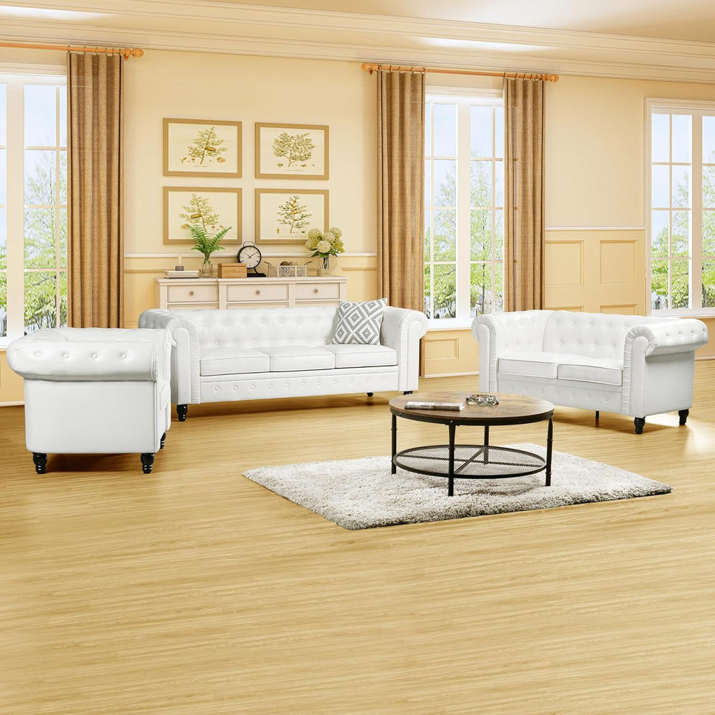 Emery Chesterfield 3 Piece Living Room Sectional Sofa Set Rolled Arms, Tufted Cushion Sofas for Living Room Set Includes Sofa, Loveseat Couch, Accent Arm Chair / Easy Tool-Free Assembly – Off White