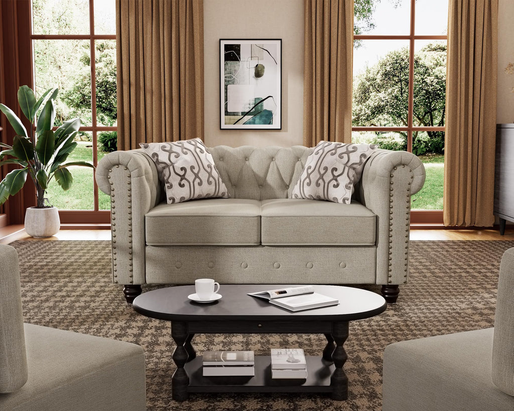 Morden Fort Classic Chesterfield Sofa Set 82'', Tufted Sofa Couch Set with Solid Wood Legs Thick Cushion, Pet-Friendly 3-Seater Sofas Couches for Living Room Bedroom Apartment - Velvet Beige