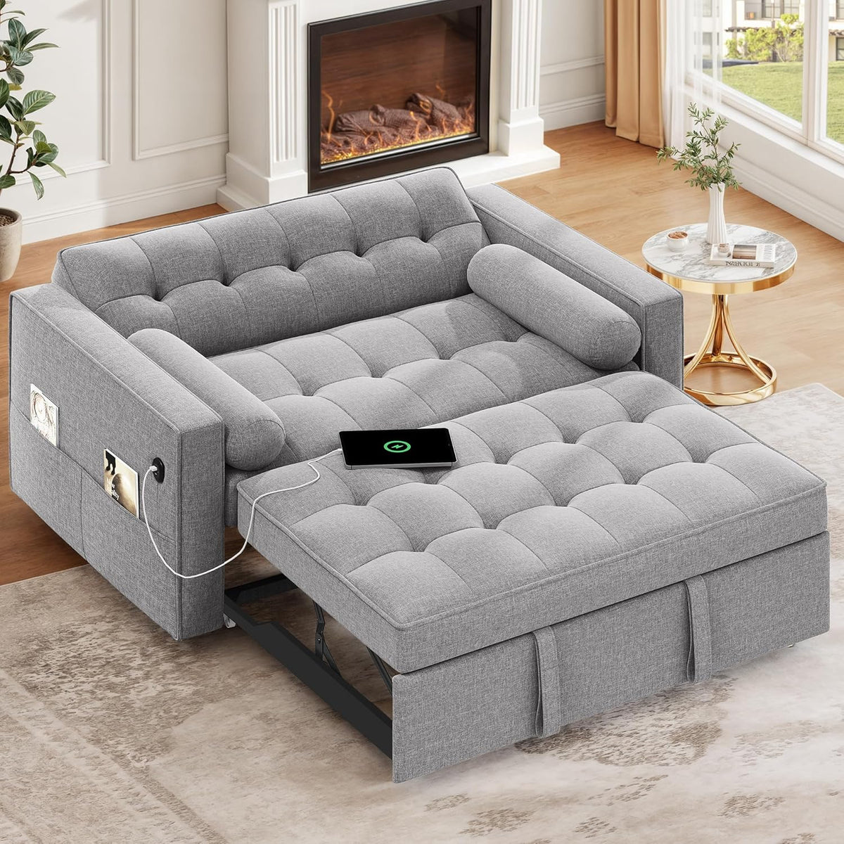 DWVO Convertible Sleeper Sofa Bed: 3-in-1 Loveseat Couch with Pullout Bed, 7-Level Adjustable Backrest, USB Ports, Storage Pockets, Pillows, Modern Lounge Furniture Light Gray