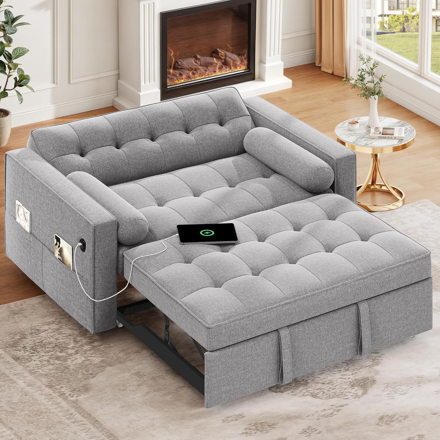 DWVO Convertible Sleeper Sofa Bed: 3-in-1 Loveseat Couch with Pullout Bed, 7-Level Adjustable Backrest, USB Ports, Storage Pockets, Pillows, Modern Lounge Furniture Light Gray