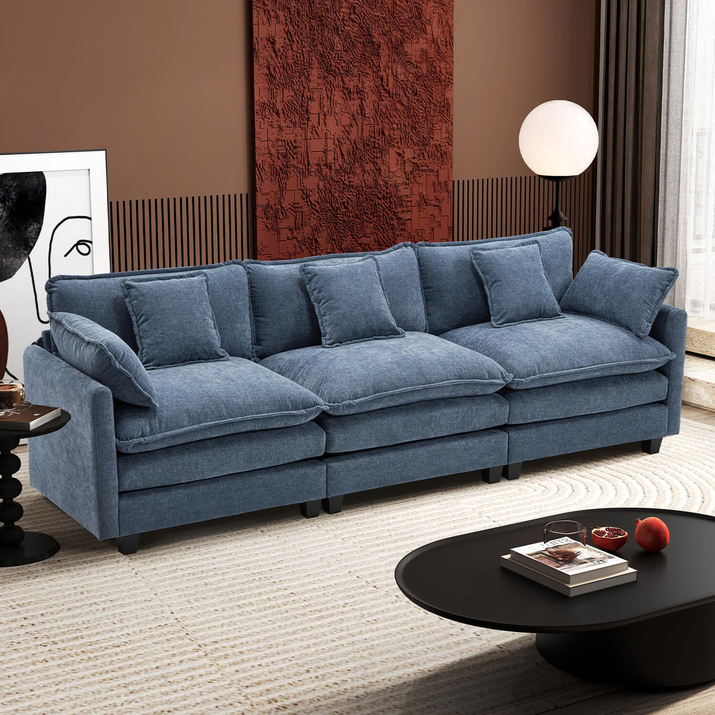 Ihanherry 146" U-Shaped Modern Sofa Modular Sectional Cloud Couch with 2 Ottoman, 6-Seat Chenille Deep Seat Sofa with 6 Pillows for Living Room, Bedroom and Apartment, Black