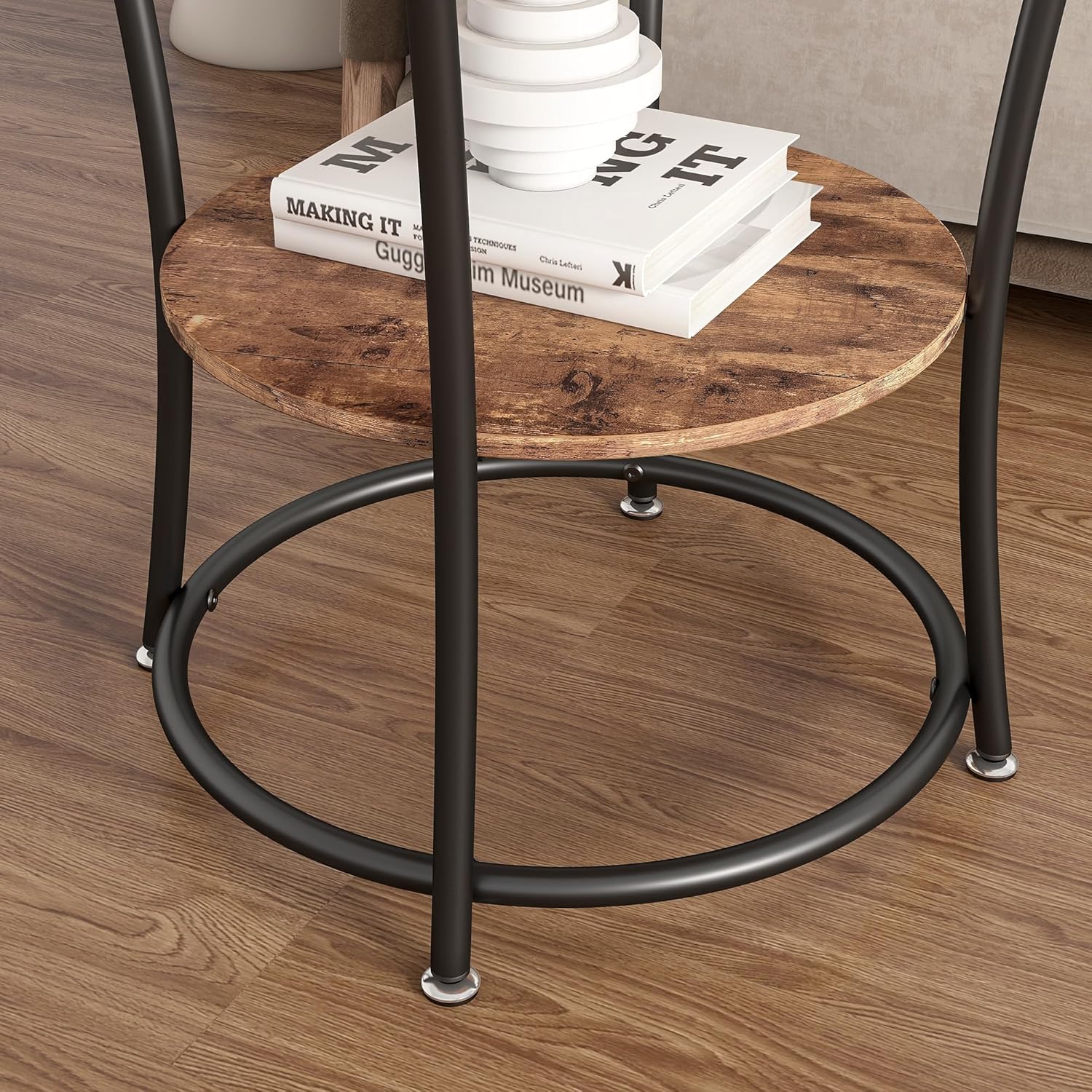 BOFENG Side Table,Round End Table with 2 Storage Shelves for Living Room, Bedroom,Small Spaces,Coffee Table Nightstand with Sturdy Metal Frame,Easy Assembly,Rustic Brown