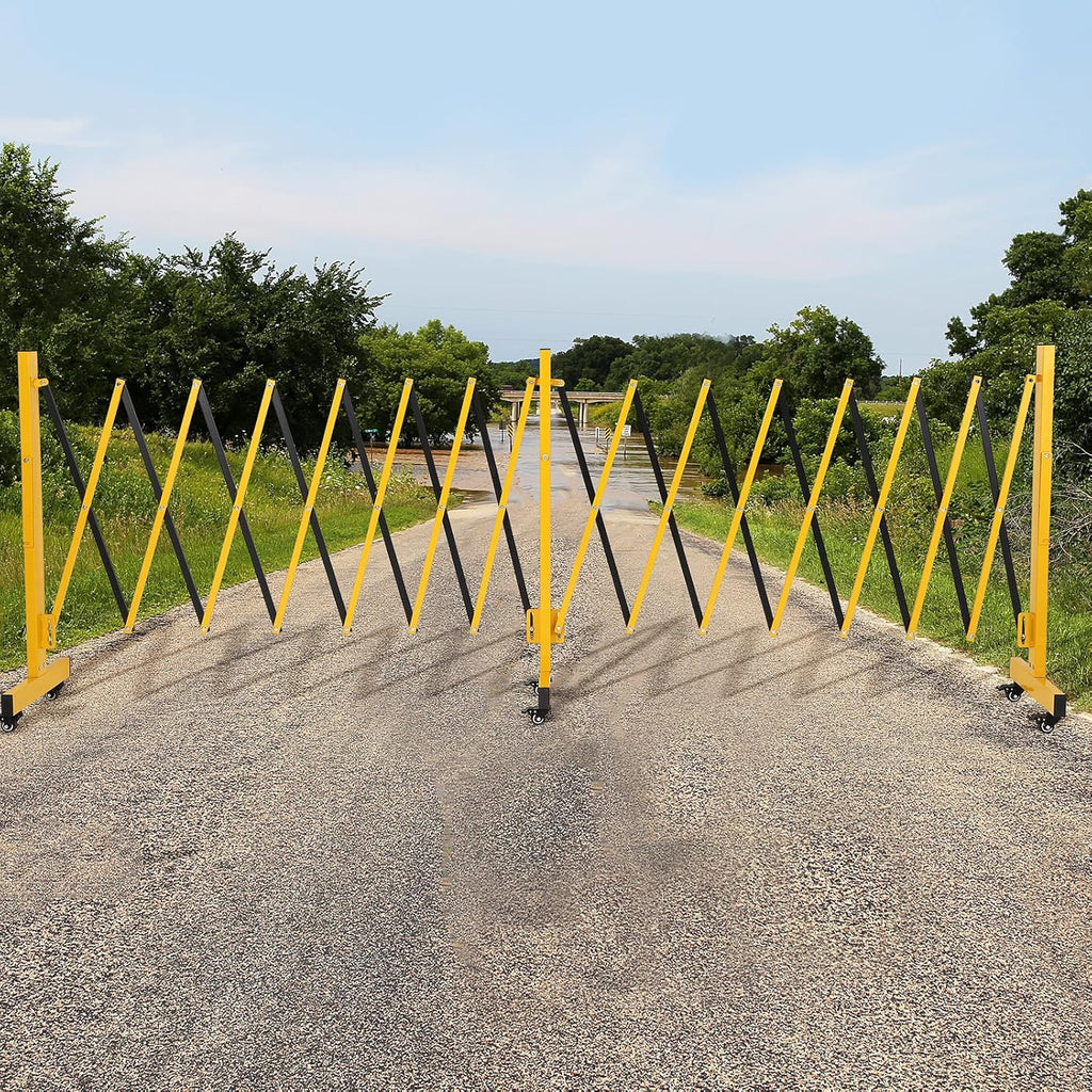 Folding Security Gate Expandable Barricade, Heavy-Duty Retractable Barrier with Wheels for Crowd Control, Traffic, Parking Lots, Warehouses & Residential Use, Lockable Casters, Weather-Resistant Steel
