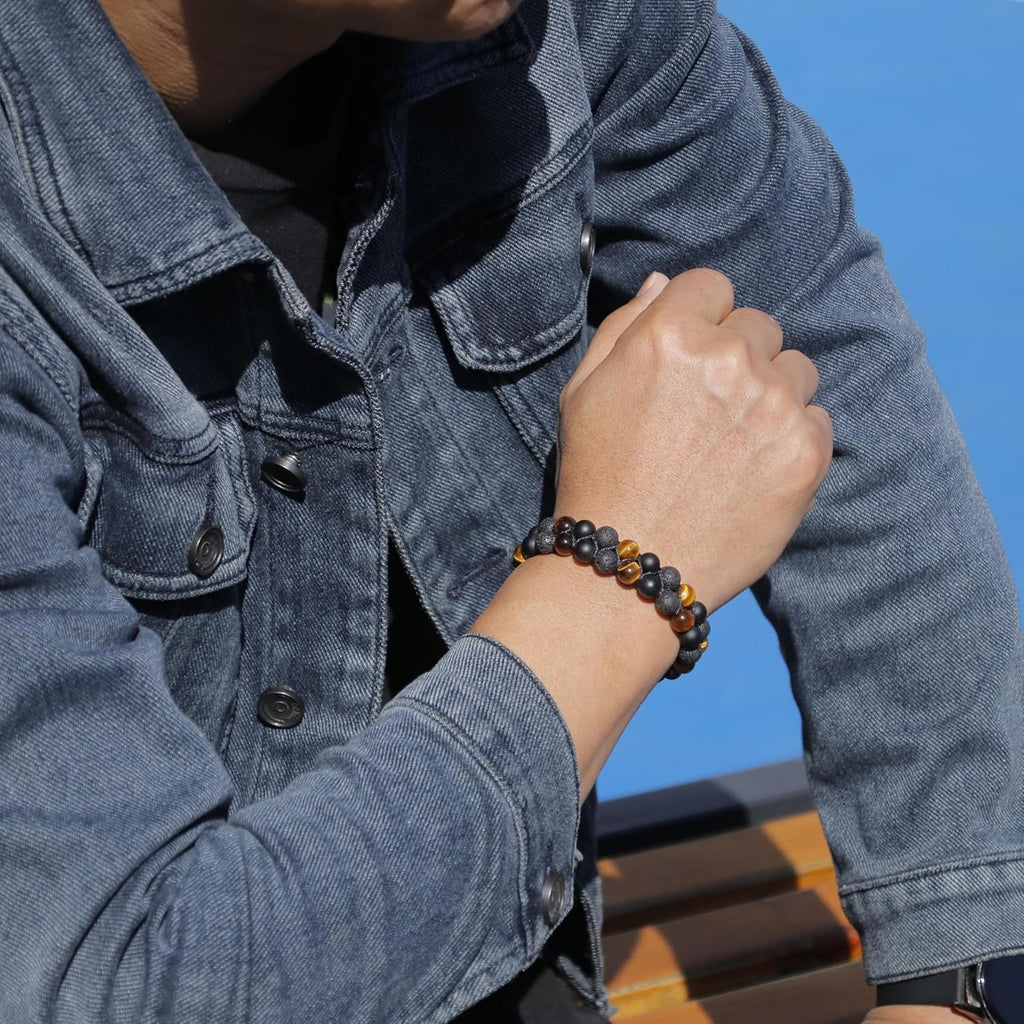 Triple Protection Bracelet for Men Women, Genuine Premium Tiger Eye Black Onyx and Lava Rock 8mm Handmade Bead Bracelet Healing Crystal Protection Bracelet Bring Luck and Prosperity and Happiness