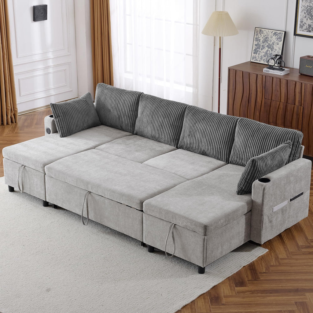 U-Shaped Oversized Symmetrical Sectional Sofa Couch Classic Chesterfield Scroll Armrest Button Tufted Sofa&Couch with Extra Wide Chaises and 2 Pillows for Living Room Home Theater/Office/Apartment