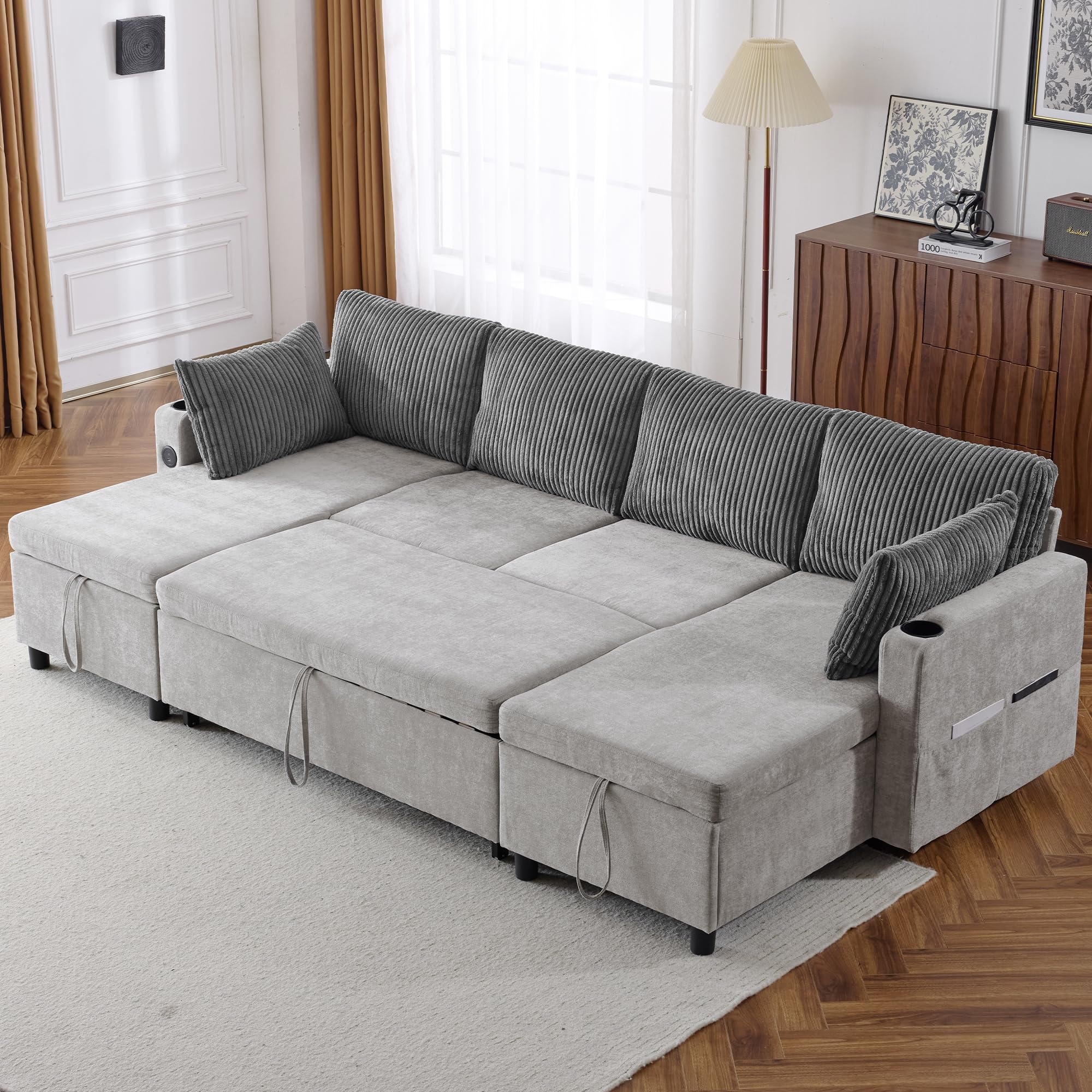 U-Shaped Oversized Symmetrical Sectional Sofa Couch Classic Chesterfield Scroll Armrest Button Tufted Sofa&Couch with Extra Wide Chaises and 2 Pillows for Living Room Home Theater/Office/Apartment