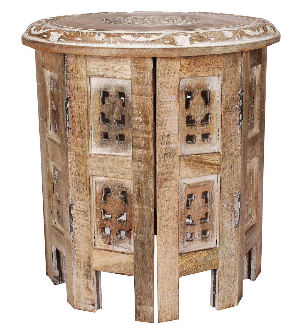 Wooden End Table for Living Room - 18x22 Burnt Finish Carved Side Table, Single Pillar Nightstand, Bedside Table for Books, Plants, Magazines, Small Space Accent Table