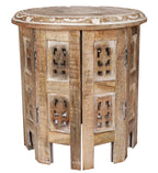 Wooden End Table for Living Room - 18x22 Burnt Finish Carved Side Table, Single Pillar Nightstand, Bedside Table for Books, Plants, Magazines, Small Space Accent Table
