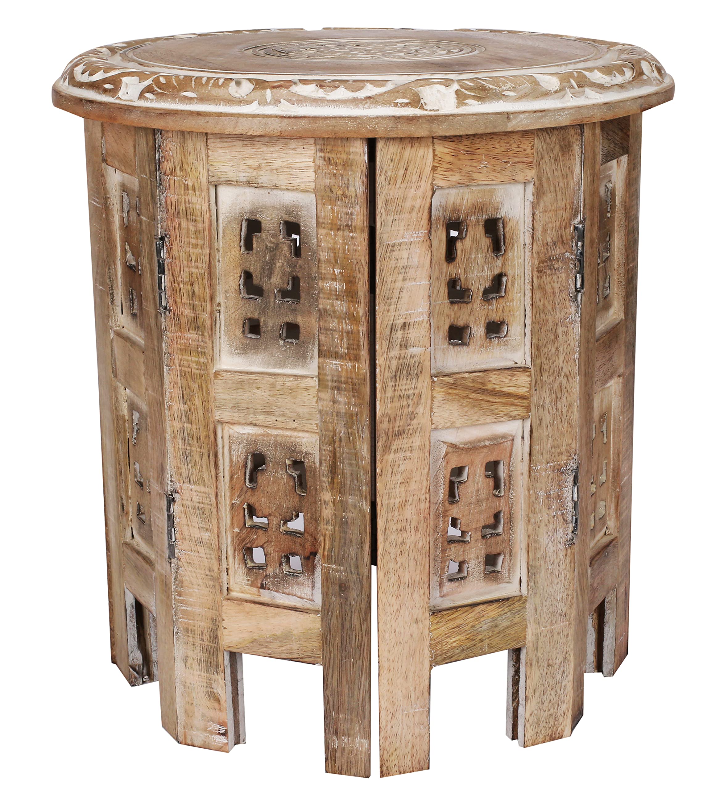 Wooden End Table for Living Room - 18x22 Burnt Finish Carved Side Table, Single Pillar Nightstand, Bedside Table for Books, Plants, Magazines, Small Space Accent Table