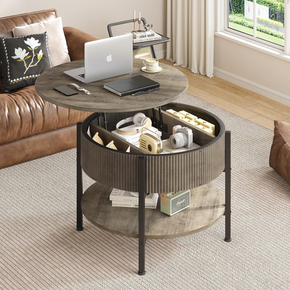Small Round Coffee Table with Fluted Panel, Lift Top Coffee Table with Hidden Compartment and Open Shelf, Modern Lift Tabletop Dining Central Table for Living Room, Home Office, Grey