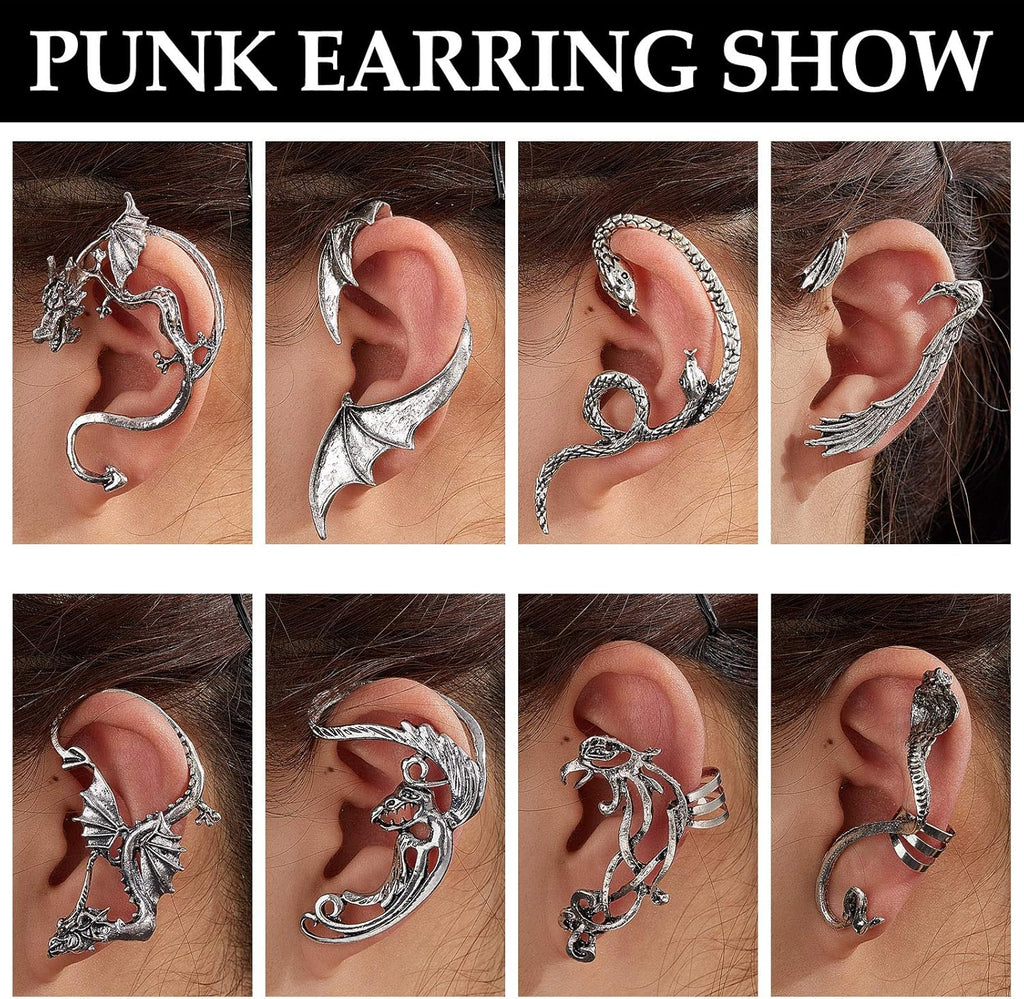 8 Pcs Punk Earrings Dragon Ear Cuff Vintage Retro Snake Bat Crow Ear Climber Earrings Gothic Ear Clip Wrap for Women Men Party Dress