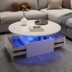 31.5" Round Coffee Table for Living Room, LED Modern Living Room Table with Storage, Square Acrylic Coffee Tables with 2 Sliding Drawers, Wood Center Table for Reception Dinning Room, White