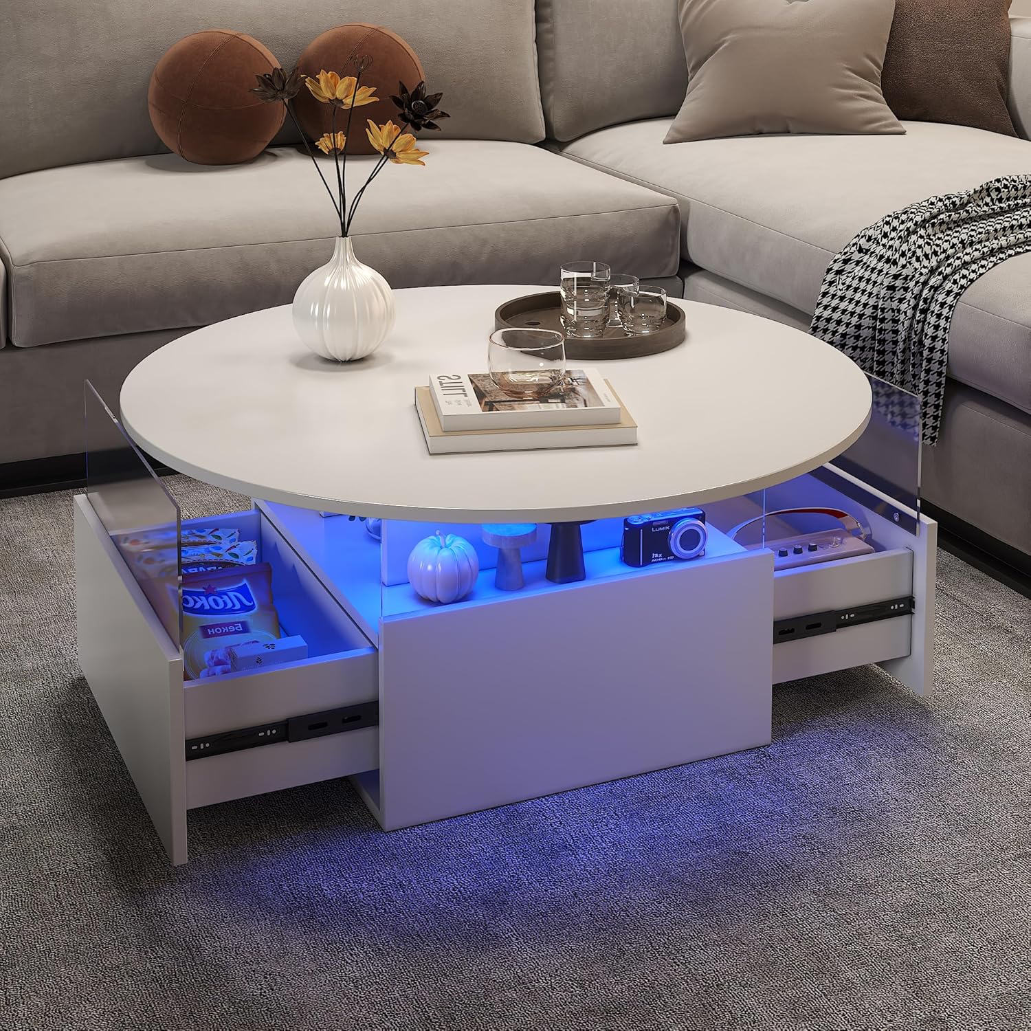 31.5" Round Coffee Table for Living Room, LED Modern Living Room Table with Storage, Square Acrylic Coffee Tables with 2 Sliding Drawers, Wood Center Table for Reception Dinning Room, White