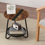 2 Tier Coffee Table in Living Room, Industrial Style Round Coffee Table with Metal Tray, Wood Small Outdoor Coffee Table for Bedroom Balcony Patio, Rustic Brown