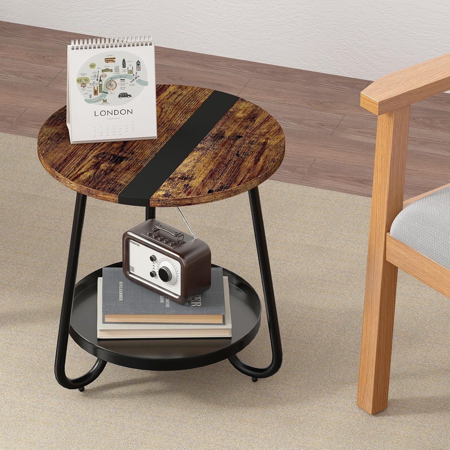 2 Tier Coffee Table in Living Room, Industrial Style Round Coffee Table with Metal Tray, Wood Small Outdoor Coffee Table for Bedroom Balcony Patio, Rustic Brown