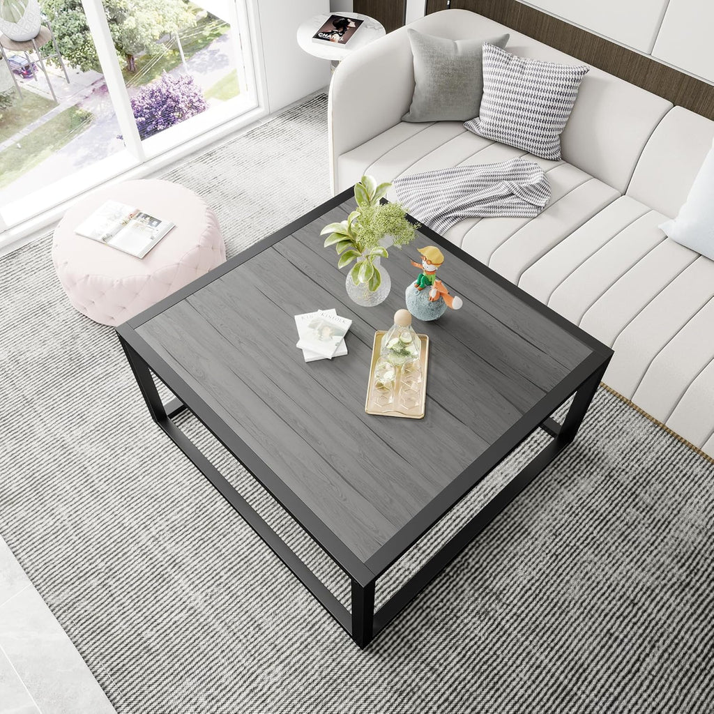 Square Coffee Tables for Living Room, Small Coffee Table with Storage Center Side Table with Wood Tabletop and Sturdy Metal Frame,Black and Gray/60x60x40cm