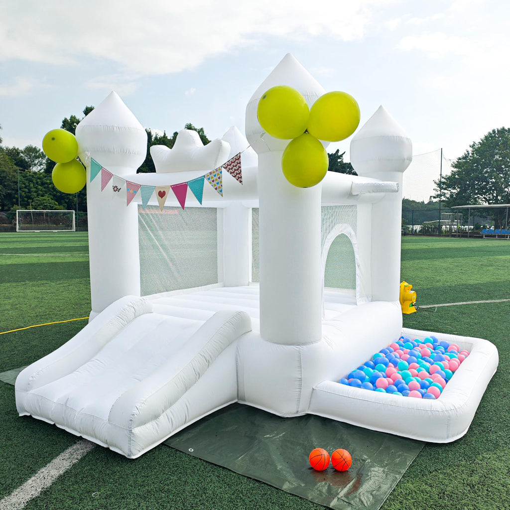 JIOJIOPLAY 9FT White Bounce House,Inflatable Toddler Bouncy House for 3-6 Age Kids Party Gift with Blower White Jumper Bouncy Castle Wedding Decorations for Outdoor Play Backyard - Grand Goldman