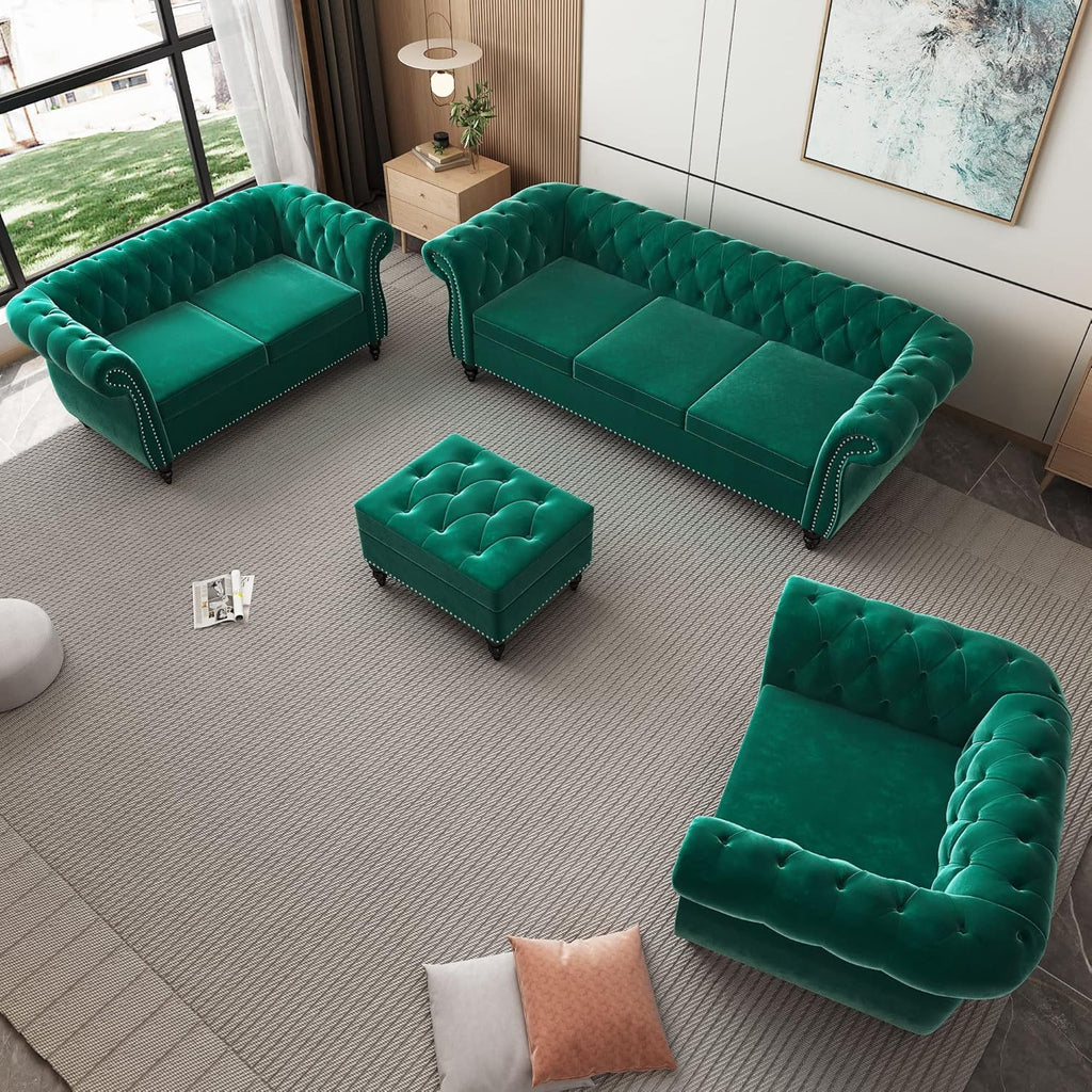 AVZEAR 3-Piece Living Room Sectional Sofa Set, Green Velvet Couch Upholstered Sofa Modern Sofa Couches Set Style Button Tufted, Velvet Chesterfield Sofa for Living Room Apartment, 1+2+3 Seat Green