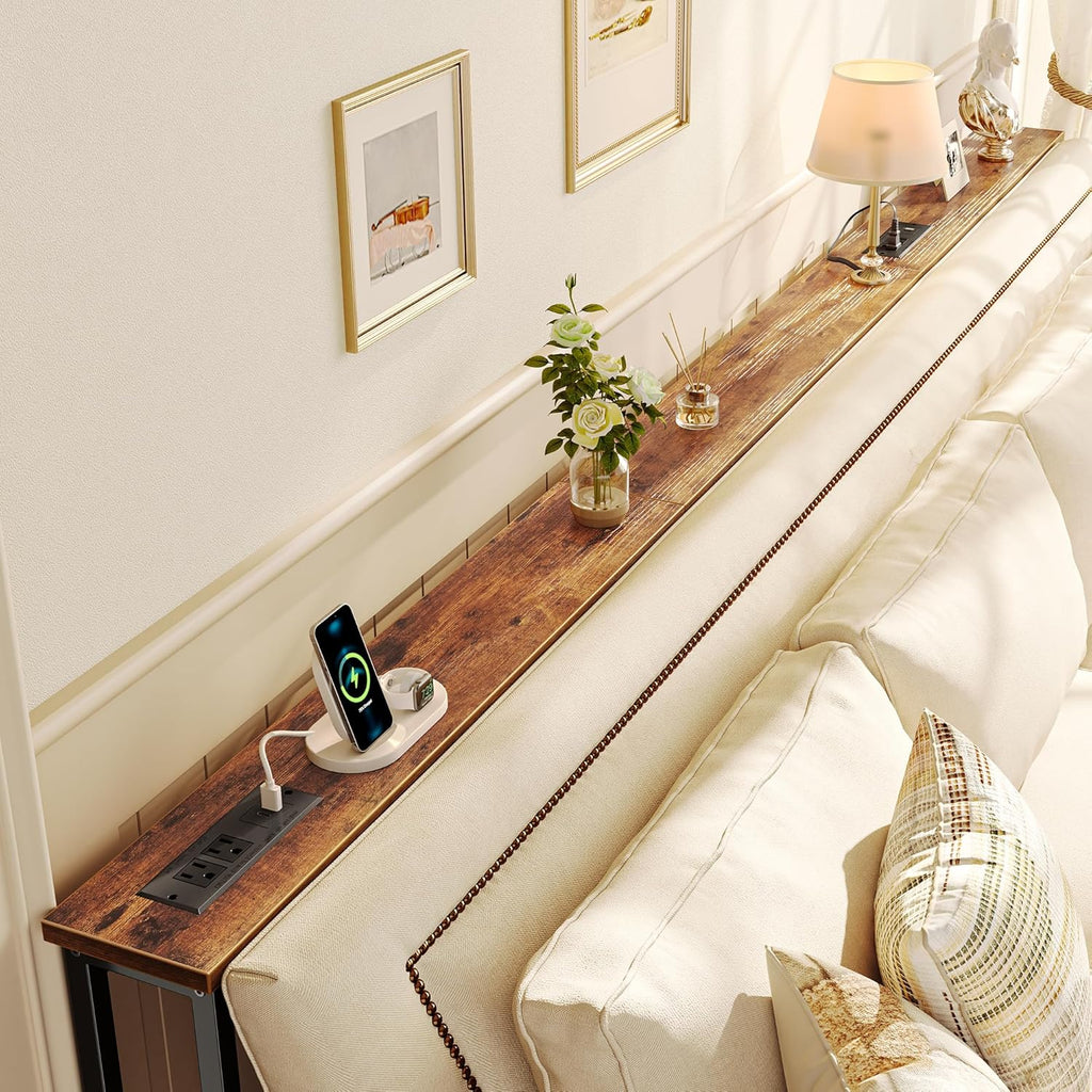 SUPERJARE 102 Inch Sofa Table with 2 Power Outlets and USB-C Ports, 5.9 Inch Narrow Console Table with Storage, Extra-Long, for Entryway Hallway Couch Behind Sofa, Small Spaces, Rustic Brown