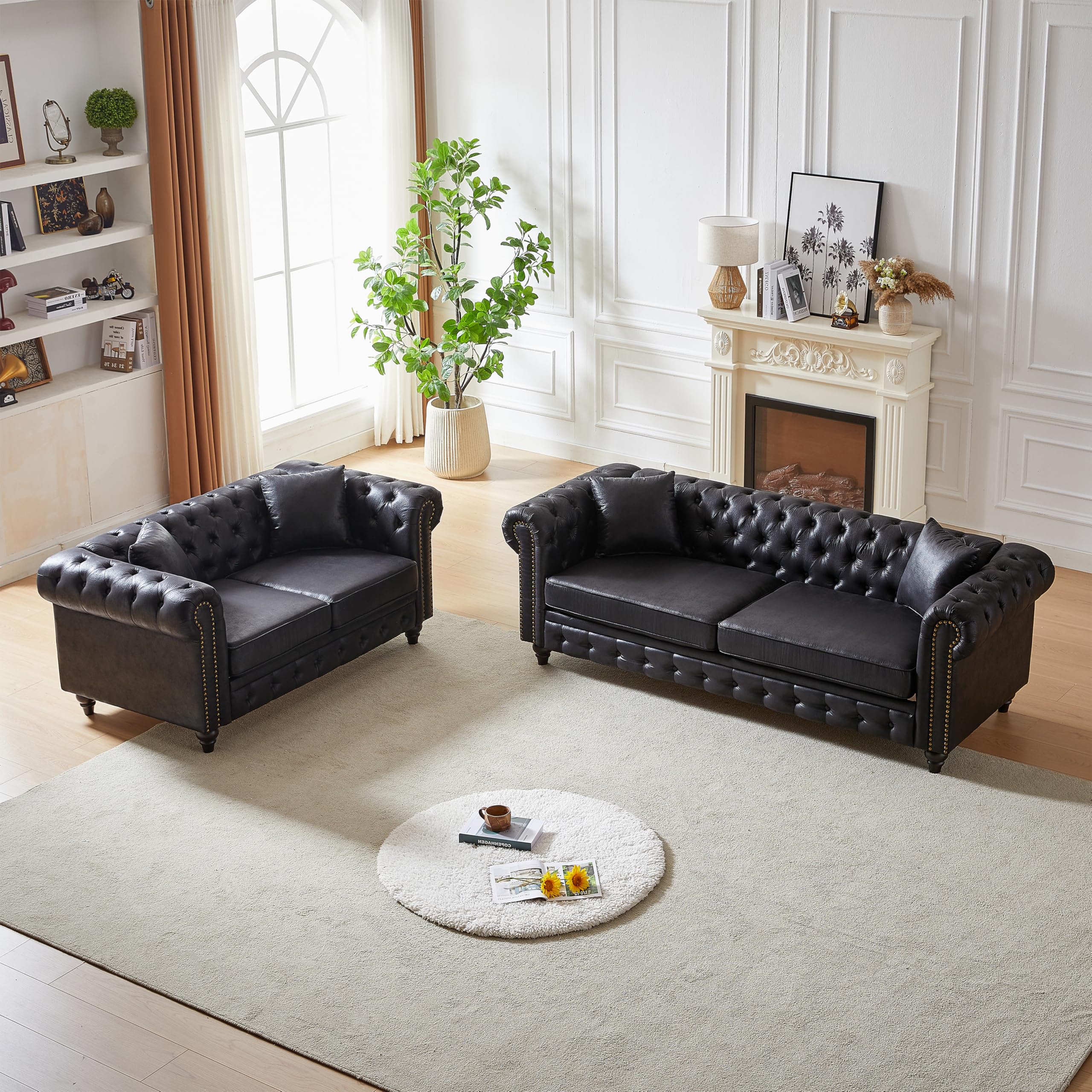 2 Pieces Chesterfield Sofa Sets Nailhead Decor Faux Leather Upholstered Tufted Sectional Sofa&Couch Include 3-Seaters Couch and Loveseat W/Rolled Arms and Wood Legs for Living Room Furniture Sets