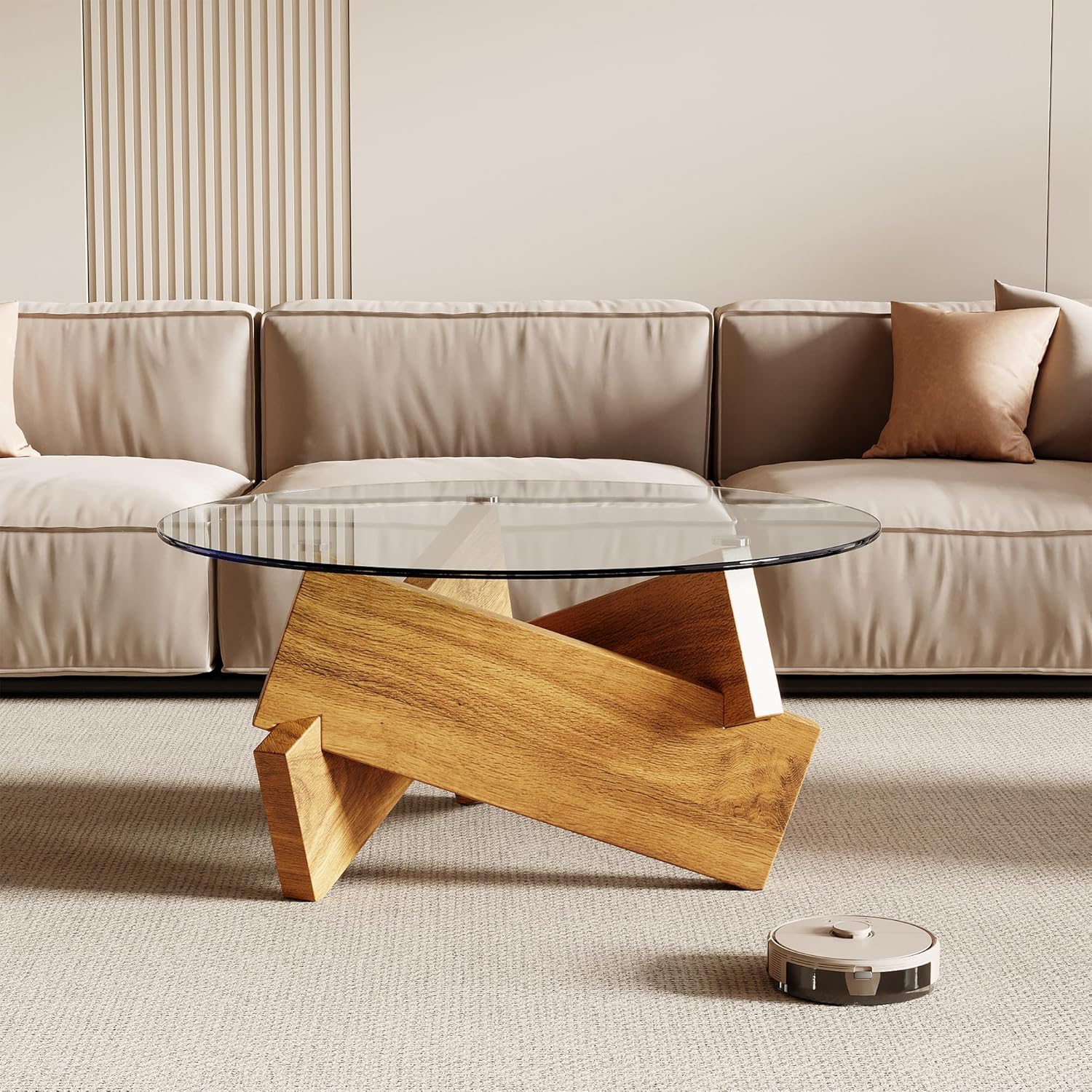 Honyee Morden Rounded Coffee Table, 30.7" x 30.7" x 16.1" Tempered Glass Top for Living Room, Color: Natural Wood