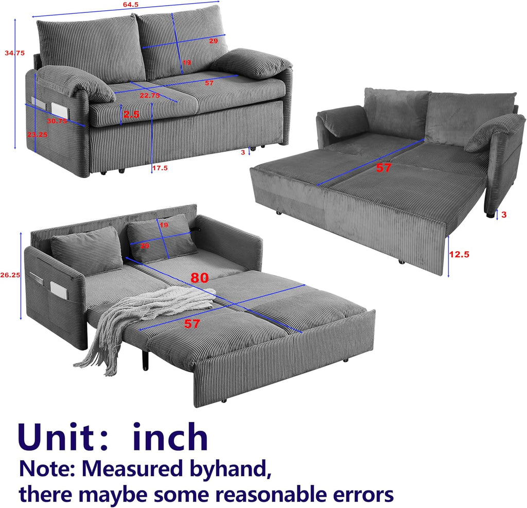 Eafurn 3 in 1 Convertible Pull Out Sleeper Sofa Couch Bed Queen Size, Corduroy Pullout Lounge Loveseat RV Sofa&Couches Sofabed with Soft Pillows Armrest,Side Pockers for Living Room Apartment