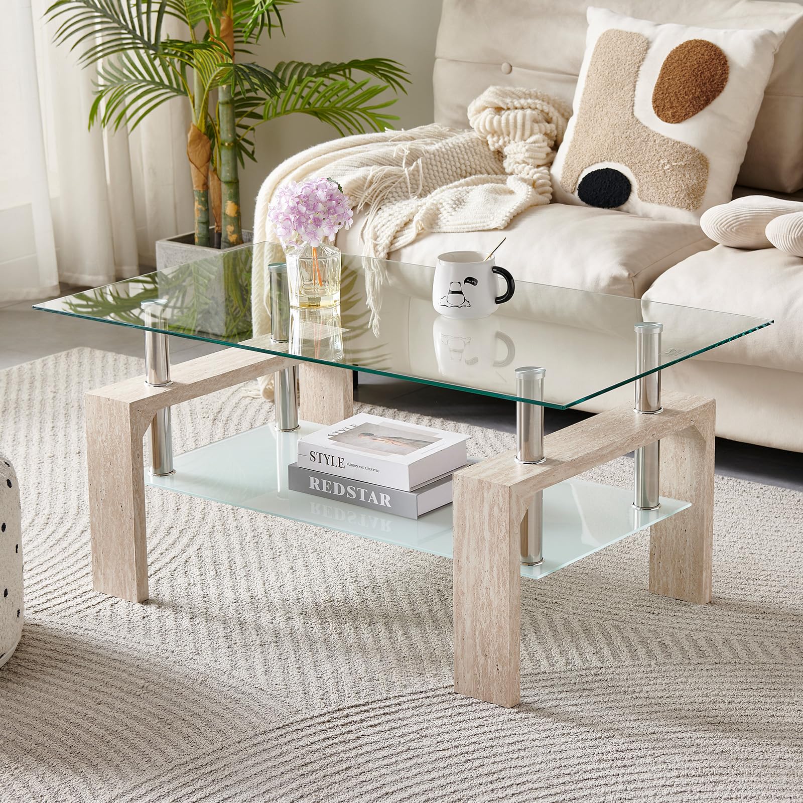 Btrpily Living Room Rectangle Coffee Table, Tea Table Suitable for Waiting Room, Modern Side Coffee Table with Wooden Leg, Glass Tabletop with Lower Shelf, 39.5D x 23.5W x 17.5H in, Black