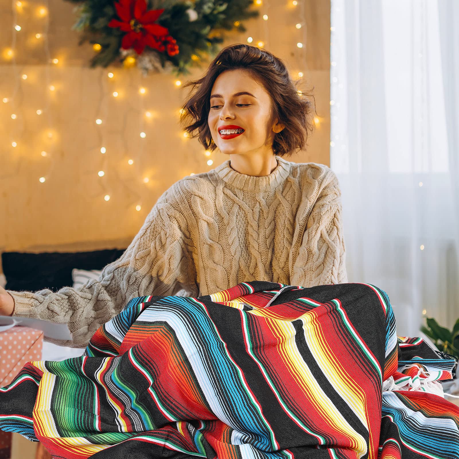 Tudomro 4 PCS Large Authentic Mexican Blankets Colorful Mexican Striped Throw Blankets Serape Fiesta Beach Fringe Yoga for Home Office Camping Picnic (Bright)