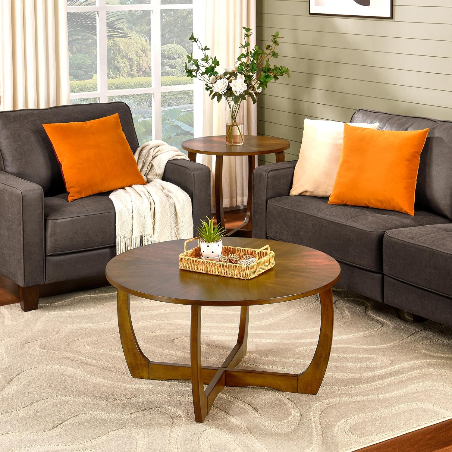 LEEMTORIG Round Wood Coffee Table, Mid Century Modern Round Walnut Coffee Tables for Living Room, 33.5" Dia. Circle Drum Coffee Table with Cross Legs, Easy Assembly, Brown Walnut KFZ-3223