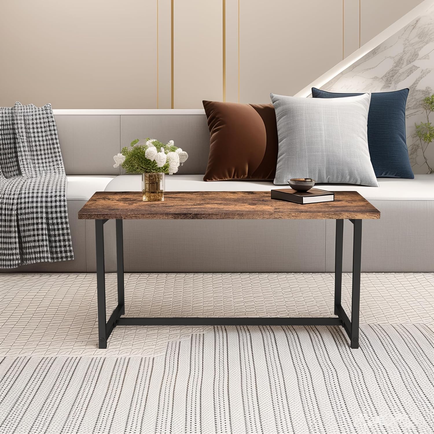 35.4" Rectangular Coffee Table for Living Room, Modern Industrial Style Coffee Table Center Table with Metal Frame for Small Space, Apartment, Office, Easy Assembly, Brown