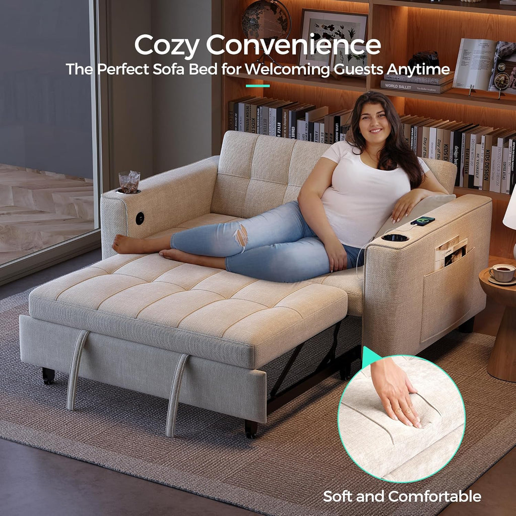 LINSY 3-in-1 Convertible Sofa Bed, Pull Out Sleeper Sofa with Charging Station & Cup Holder, Folding Loveseat with Side Pocket for Living Room, Apartment (Beige)