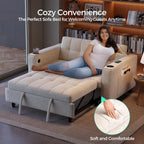 LINSY 3-in-1 Convertible Sofa Bed, Pull Out Sleeper Sofa with Charging Station & Cup Holder, Folding Loveseat with Side Pocket for Living Room, Apartment (Beige)