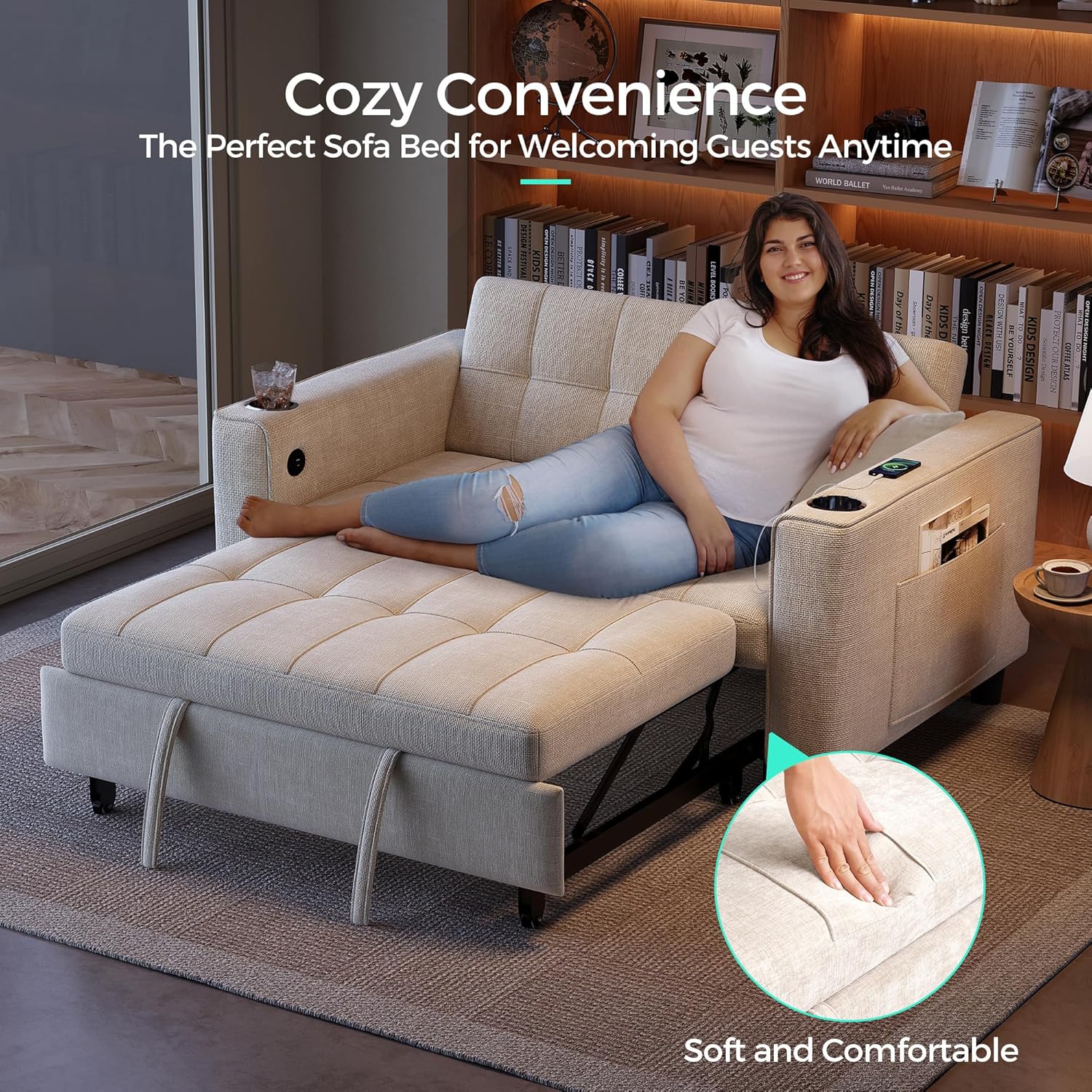 LINSY 3-in-1 Convertible Sofa Bed, Pull Out Sleeper Sofa with Charging Station & Cup Holder, Folding Loveseat with Side Pocket for Living Room, Apartment (Beige)