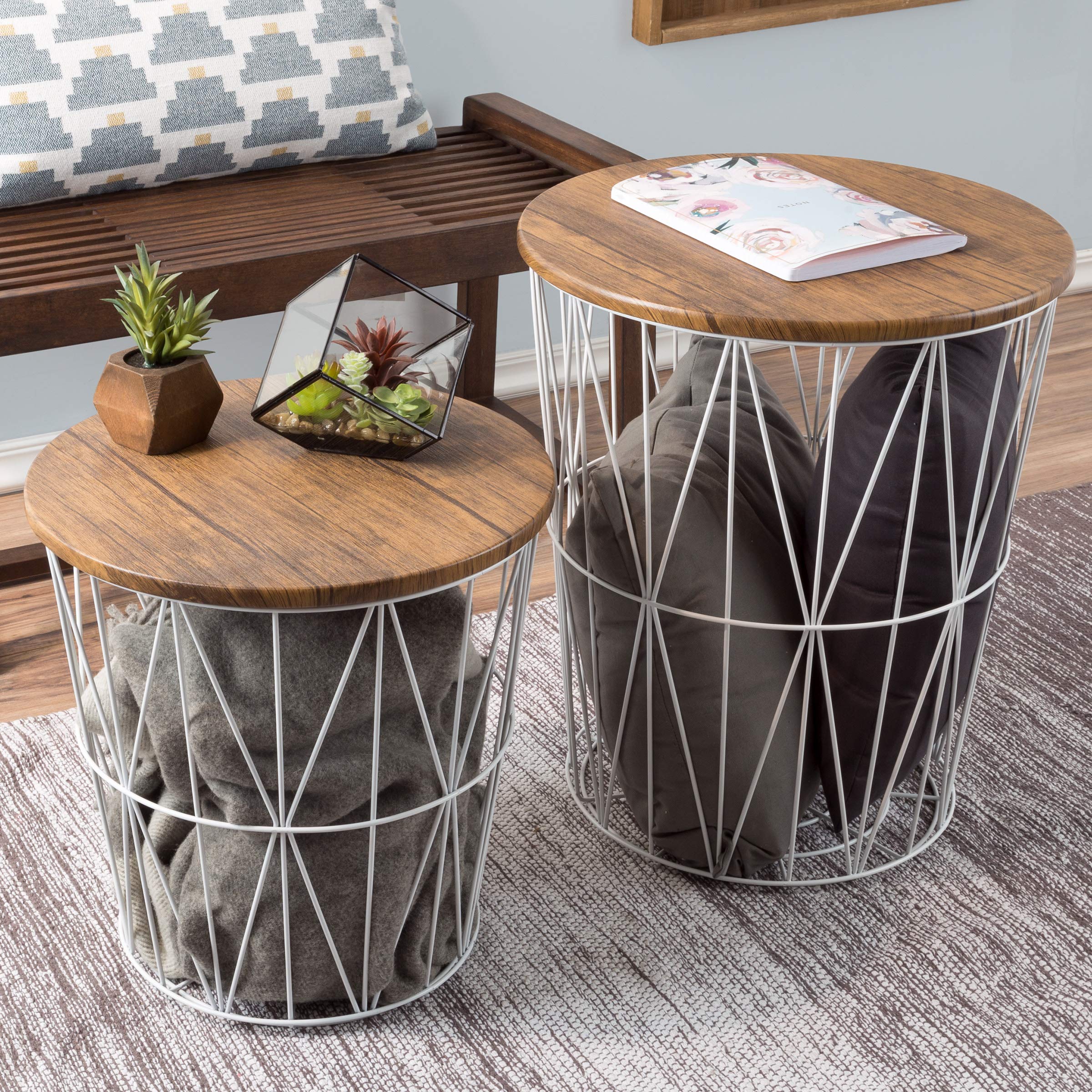 Set of 3 Living Room Tables - Metal Basket Storage with Removable Lids - 2 Small Side and 1 Large Accent Table by Lavish Home (Brown/Black)