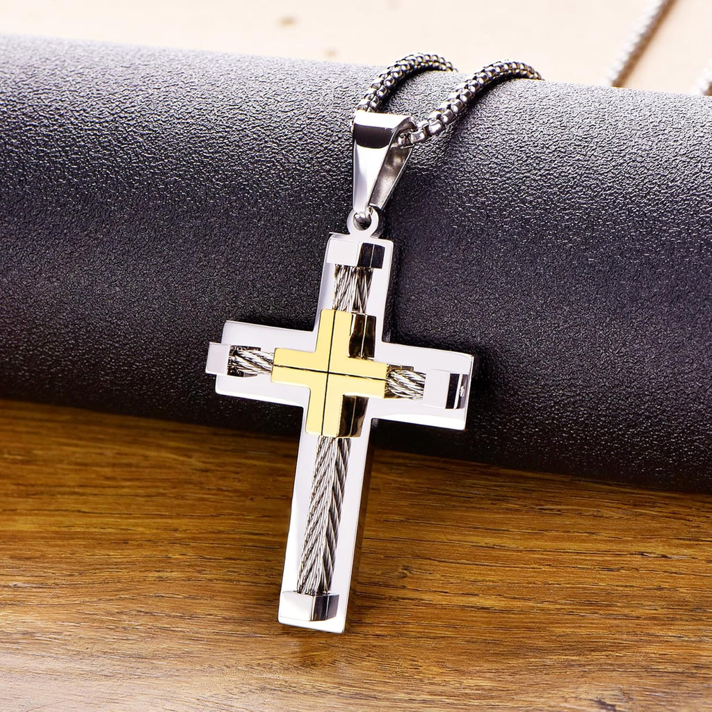 YL Men's Cross Necklace 316L Stainless Steel Large Jesus Christ Pendant Jewelry Rolo Chain for 24''