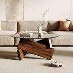 Honyee Modern Round Coffee Table, 30.7" x 30.7" x 16.1" Tempered Glass Top for Living Room, Color: Walnut