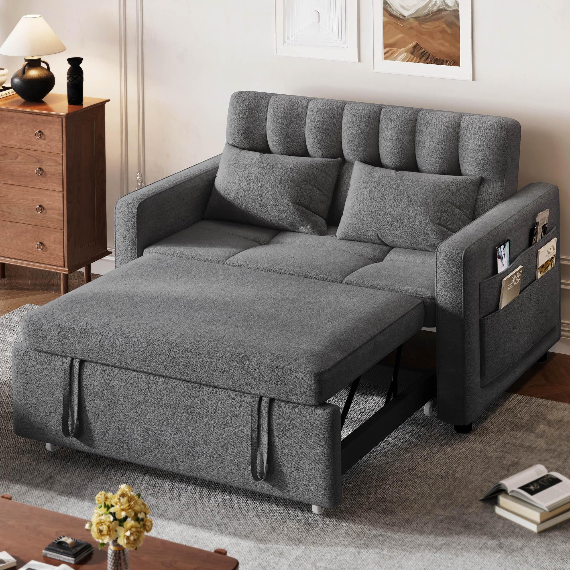 DWVO 3-in-1 Convertible Sofa Bed, 55" Sleeper Sofa with Pull-Out Bed, Cat-Scratch-Proof Fabric Futon Couch with Adjustable Backrest and Side Pocket, Loveseat for Living Room Apartment, Beige