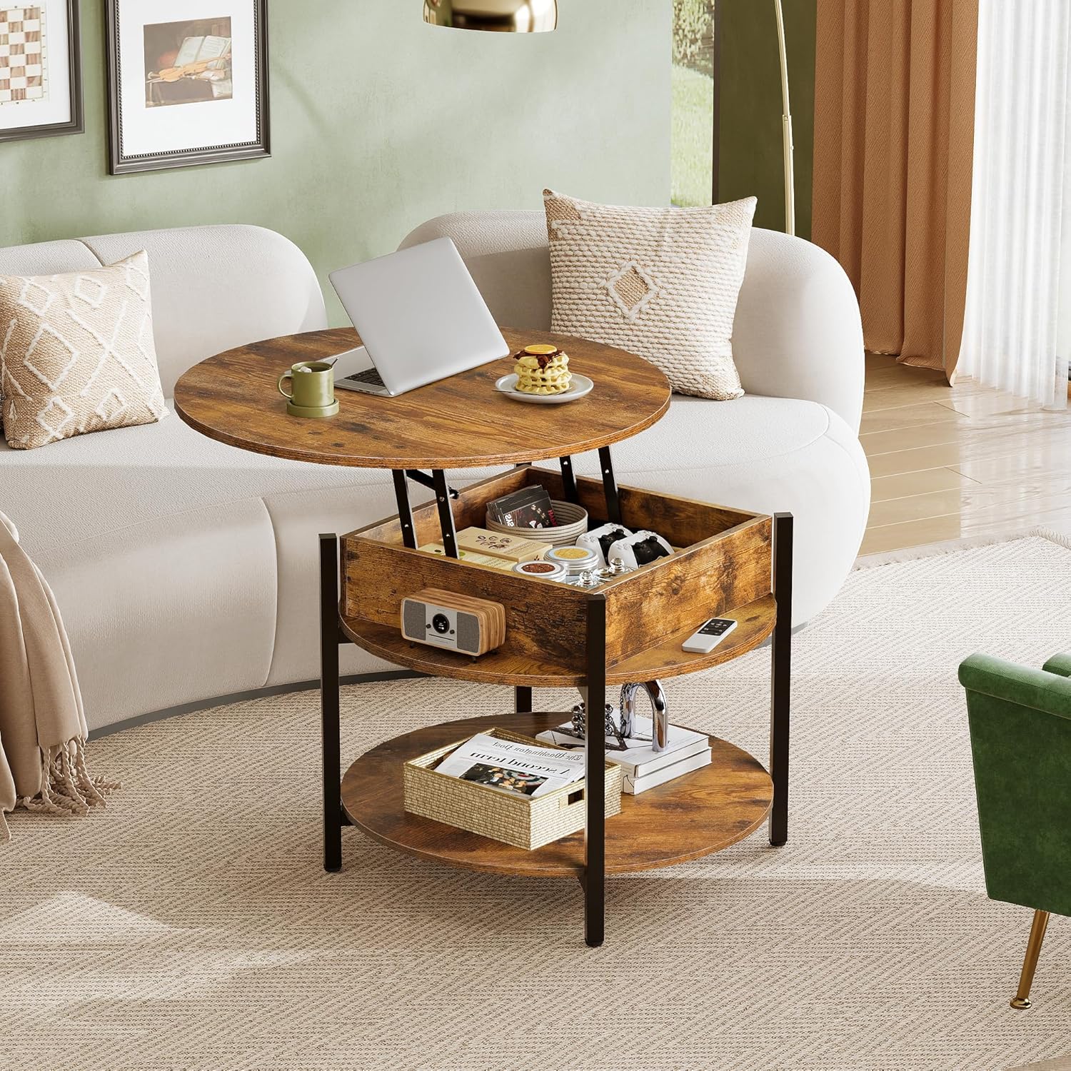 WLIVE Round Lift Top Coffee Table with Storage Shelf and Hidden Compartment, Farmhouse Small Coffee Table with 2 Tier for Living Room and Home Office, Rustic Brown