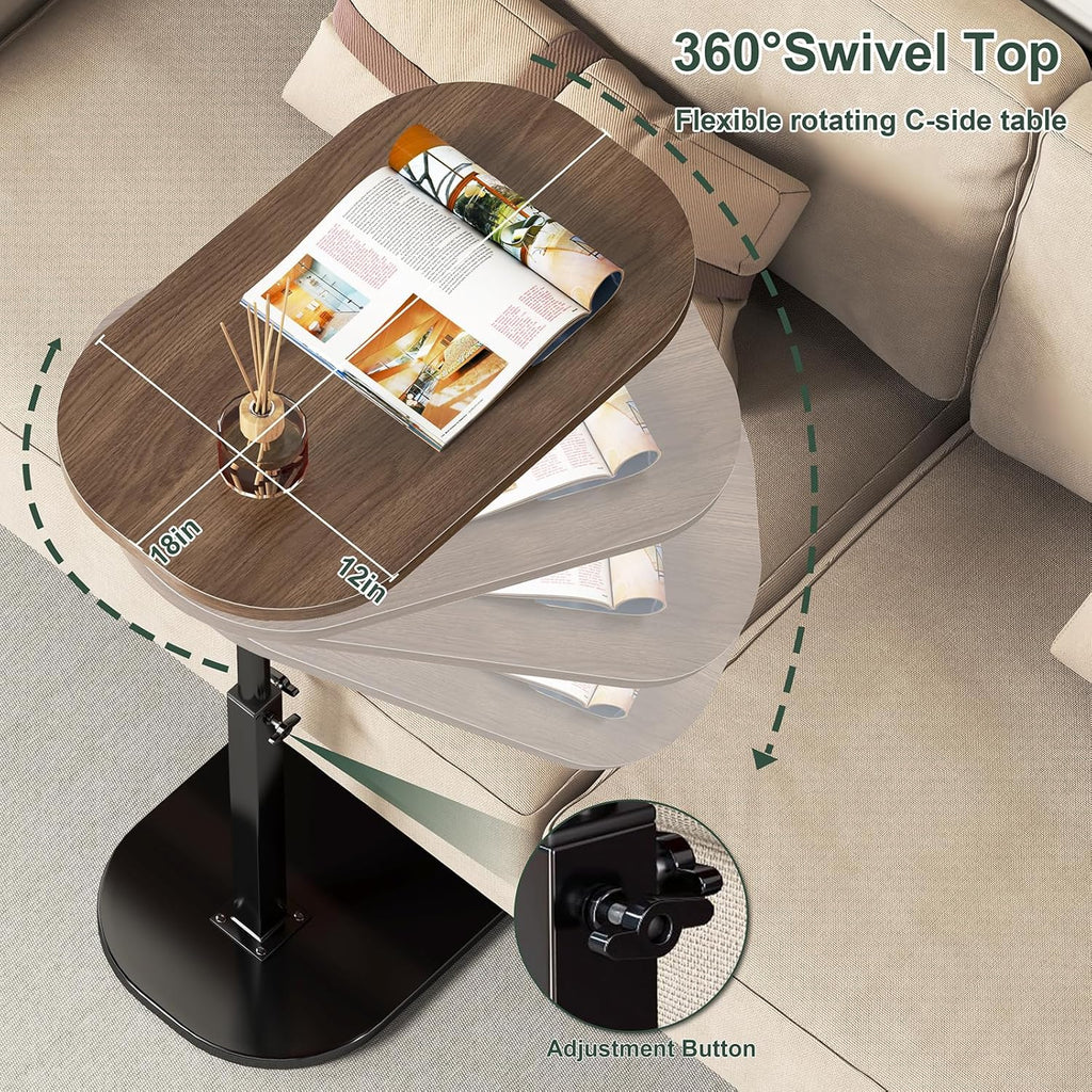 C Shaped Side Table, Adjustable Height C Shaped End Table, 360°Swivel Couch Side Tables That Slide Under, Modern Small Coffee C Table End Table for Sofa/Bed/Bathtub, Rotating Tabletop (Walnut)