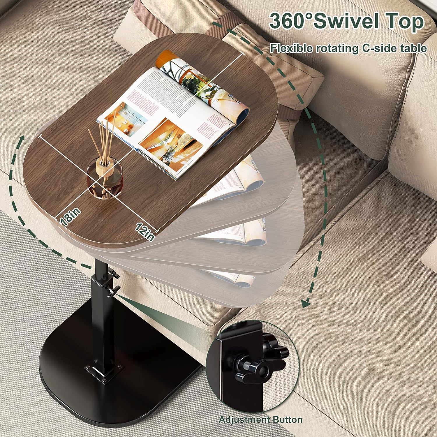 C Shaped Side Table, Adjustable Height C Shaped End Table, 360°Swivel Couch Side Tables That Slide Under, Modern Small Coffee C Table End Table for Sofa/Bed/Bathtub, Rotating Tabletop (Walnut)