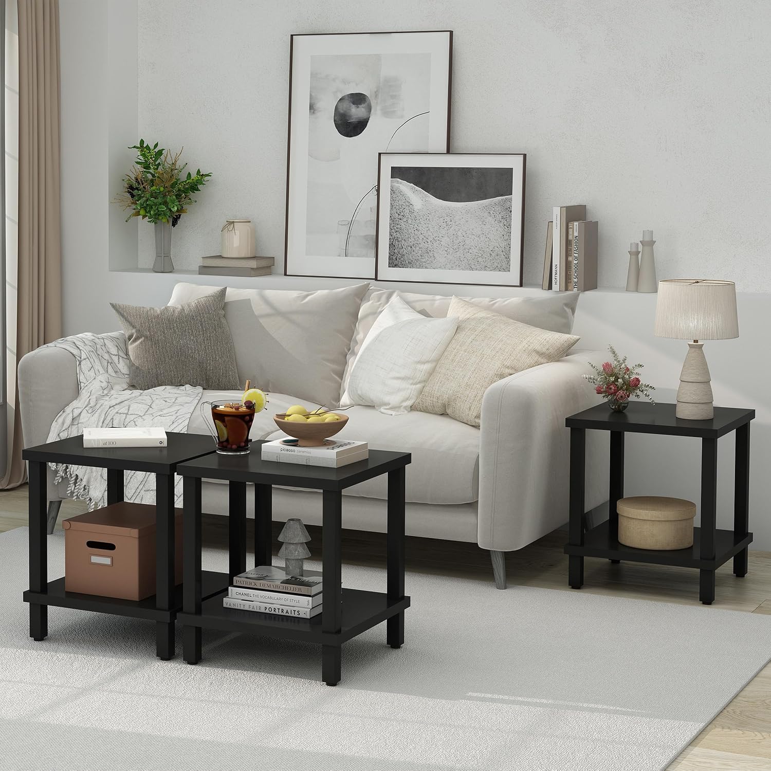 Large End Table Square Side Table Modern Sofa Table 20 Inch Industrial Coffee Table NightStand with 2-Tier Storage Shelf for Living Room Bedroom Black MLBZ06B