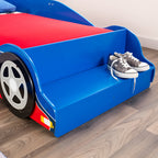 KidKraft Wooden Racecar Toddler Bed with Built-in Bench & Bed Rails - Red & Blue