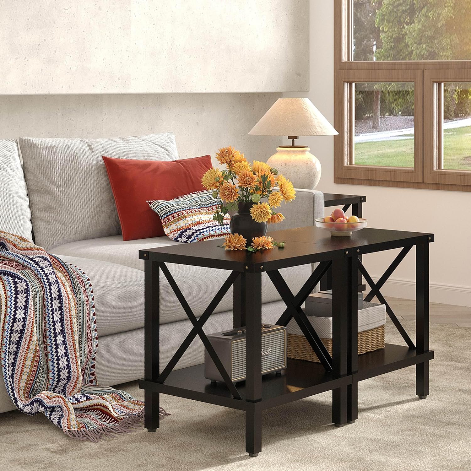 Large End Table Farmhouse Side Table Industrial Style Sofa Table Coffee Table Metal X Accent Wood End Table NightStand with Storage Shelf for Living Room Bedroom Black MLBZ16B