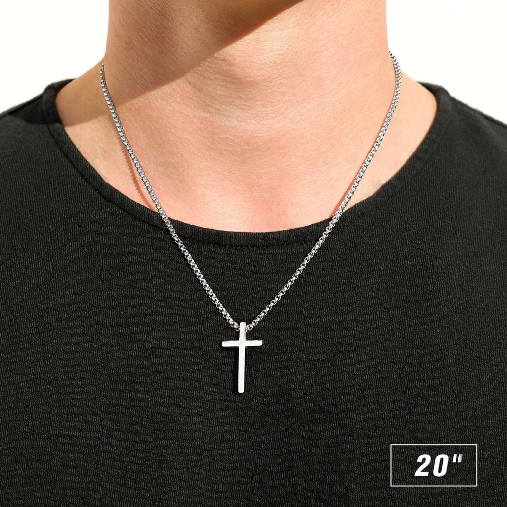 M MOOHAM Cross Necklace for Men, Silver Black Gold Stainless Steel Plain Cross Pendant Necklace for Men Box Chain 16-30 Inch