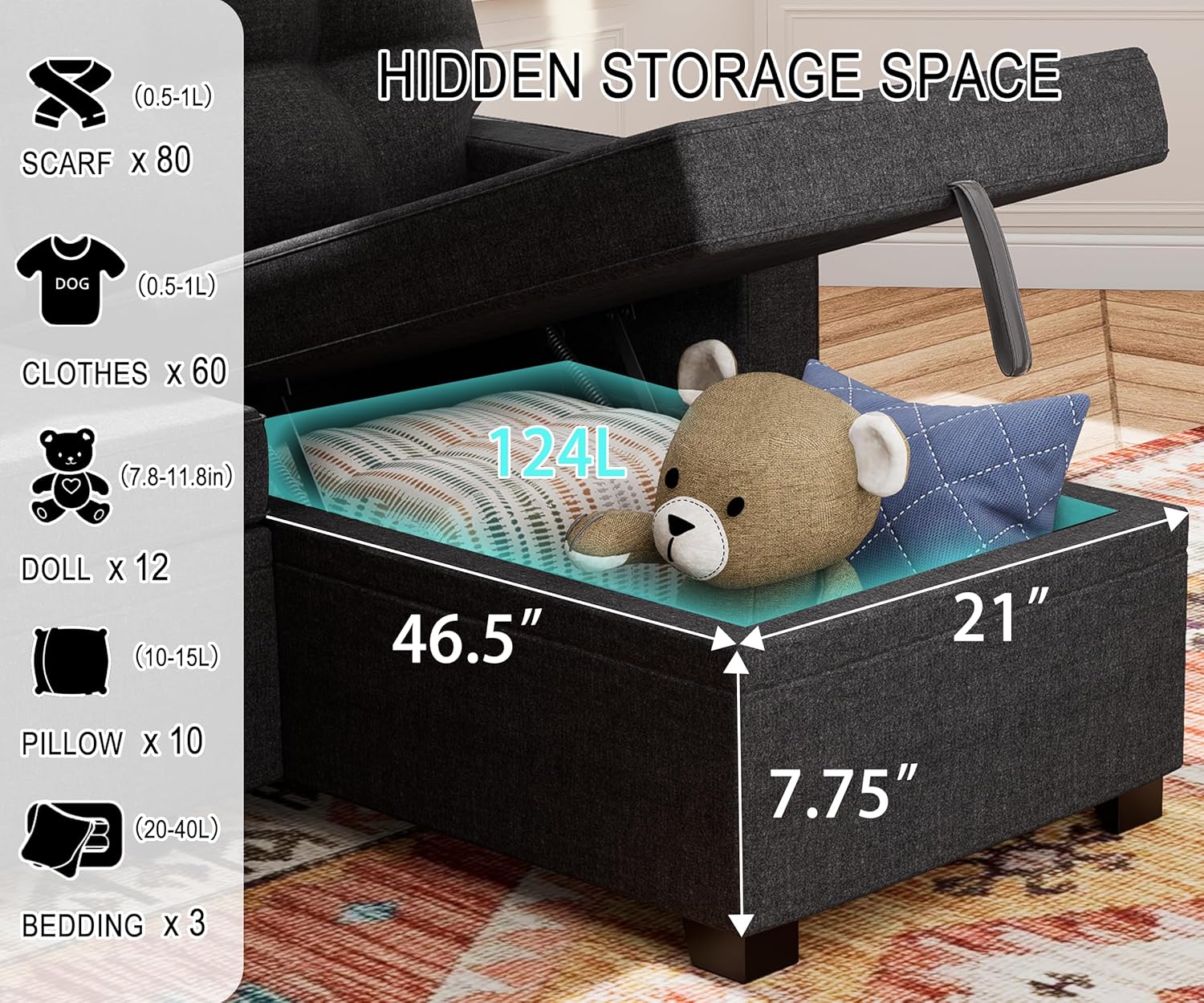 Reversible Sectional Sofa Couch, Sleeper Sofa Bed with Storage Chaise Pull Out Couch for Living Room | Hidden Stroge | Pull Out Bed | Removable Backrest | Linen Fabric, DeepGrey