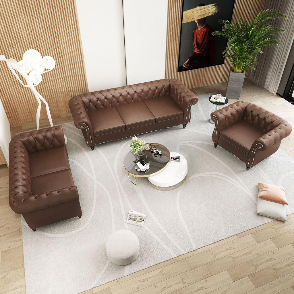 QHITTY 3 Piece Living Room Set, Sectional Chesterfield Sofa Chair Contemporary Upholstered Leather Loveseat Couch Sets for Living Room, Bedroom, Office